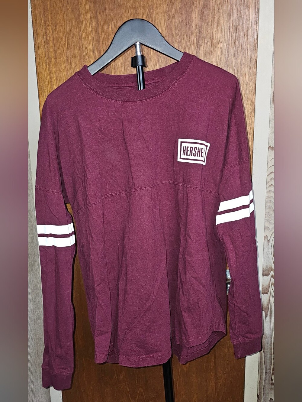 Kids' Hershey Maroon Jersey Style Long-Sleeve Tee with White Sleeve Stripes